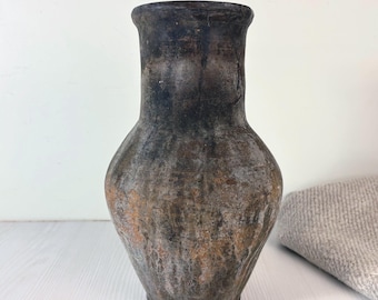 Vintage gray Clay Vase Rustic Wabisabi Pottery Farmhouse old brown jug with patina