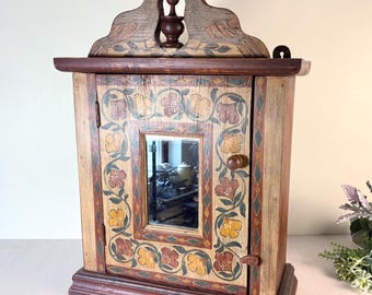 Vintage Hand-Painted Wooden Wall Cabinet with Mirror Carpathian Folk Medicine Cabinets, Handmade Floral Storage Cupboard