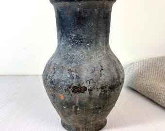 Vintage gray Clay Vase Rustic Wabisabi Pottery Farmhouse old jug with patina