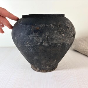 Antique Wabisabi pottery Dusty black Rustic Farmhouse Pot with patina