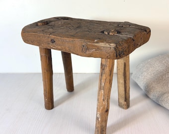 old shabby wooden stool or home side table, Short vintage weathered wood stools