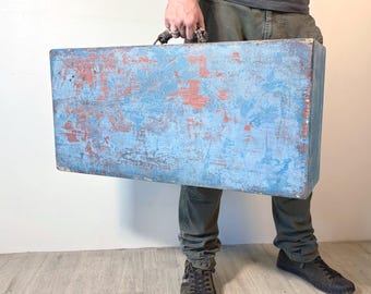 Vintage blue Wooden Suitcase with Rope Handle Classic Travel Collectible old luggage
