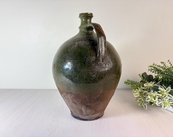 Vintage big green whine clay jug. Wabisabi old pottery Farm house Rustic Decor