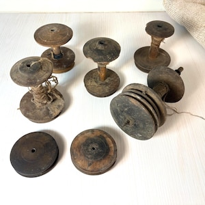 Set of 5 big Antique Handcrafted Wooden Thread Spools  for Sewing and Home Decor. wooden spindle spools