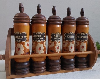 vintage spice organizer shelf. Salt and Pepper Shakers. wooden wall and tabletop décor.