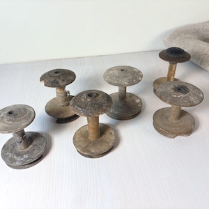 Set of 6 big Antique Handcrafted Wooden Thread Spools  for Sewing and Home Decor. wooden spindle spools