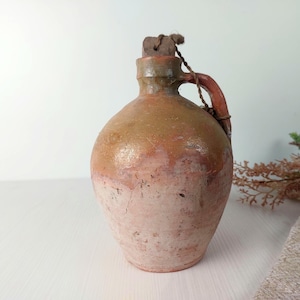Vintage white clay jug with cork. Wabi sabi old pottery Farm house Rustic Decor