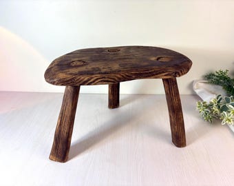 old shabby wooden three legged stool or side table, Short vintage weathered wood tree-legged stools