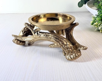 Vintage Gold Metal Candle Holder, Deer Antler Design, Rustic Woodland Decor