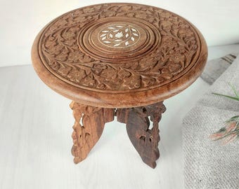 vintage Handcrafted Wooden Folding Stand – Intricately Carved Vintage Plant or Table Display Dish Charger  Stand for Plant