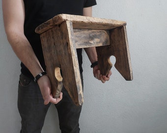 small old antique shabby wooden stool, Midcentury home side table, Short vintage weathered wood bench