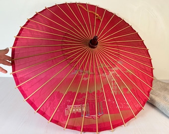 Vintage Chinese Silk Parasol with Painted Pagoda Landscape, Bamboo Frame and Carved Wooden Handle Umbrella