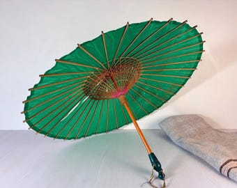 Vintage Chinese Silk Parasol with Painted Pagoda Landscape, Bamboo Frame and Carved Wooden Handle Umbrella