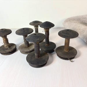 Set of 6 big Antique Handcrafted Wooden Thread Spools  for Sewing and Home Decor. wooden spindle spools