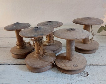 Set of 5 big Antique Handcrafted Wooden Thread Spools for Sewing and Home Decor. wooden spindle spools