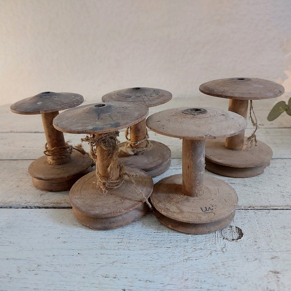Set of 5 big Antique Handcrafted Wooden Thread Spools for Sewing and Home Decor. wooden spindle spools