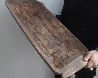 Vintage hand carved wooden trough. Old Primitive farmhouse bread bowl. rustic and charming centerpiece