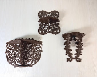set of three Vintage Brown Wooden Wall Shelfs Small Carved Lace-Style Decorative Shelf Ornate Display