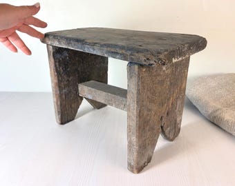 old shabby wooden stool or home side table, Short vintage weathered wood stools