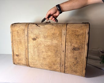 Antique Bentwood Suitcase  Vintage Wooden Travel Case with Leather Handle, Rustic Storage Trunk