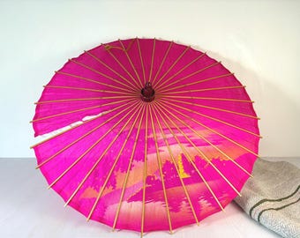 Vintage Chinese Silk Parasol with Painted Pagoda Landscape, Bamboo Frame and Carved Wooden Handle Umbrella