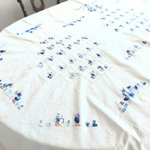Vintage White Cotton Tablecloth: Blue Hand Embroidery (57x90in)