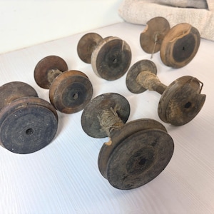Set of 6 big Antique Handcrafted Wooden Thread Spools  for Sewing and Home Decor. wooden spindle spools