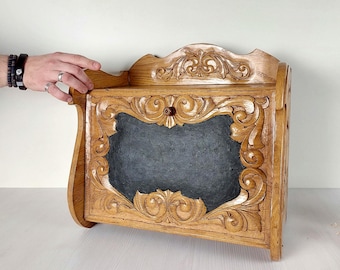 Vintage Carved Oak Bread Box: Rustic Kitchen Organizer
