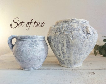 set of 2 wite Ceramic Pot with Farm house Charm. antique Wabi sabi pottery jars. cozy cottage gift for kitchen