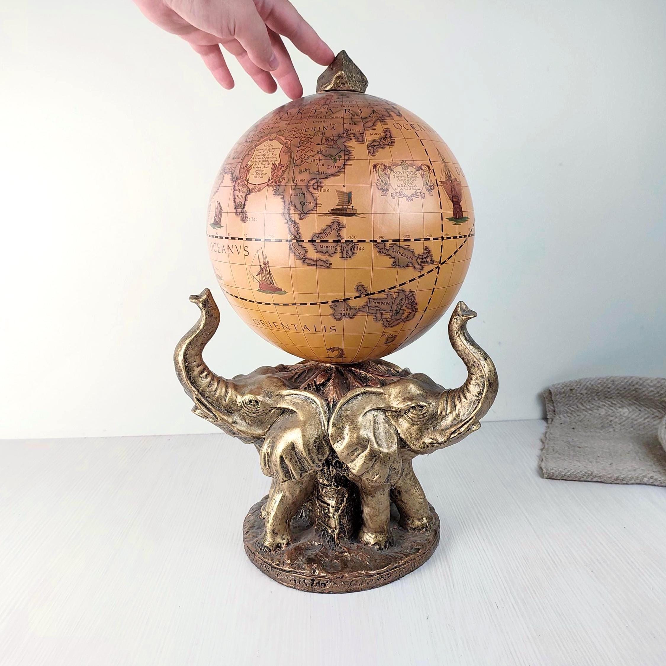 Vintage Globe on Stand for home Decor, Antique brown World Globe with Gold Finish stand, Unique Elephant Base Orb, Decorative Desk Accessory