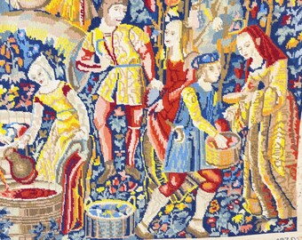 Antique Handcrafted Embroidery. French Wine-Making Scene Tapestry Wall Decor Textile Art Piece