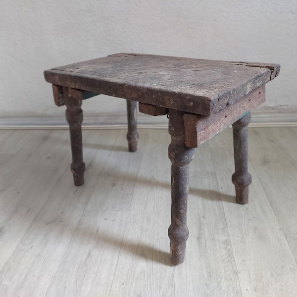 old antique shabby wooden stool, Midcentury home side table, Short vintage weathered wood bench