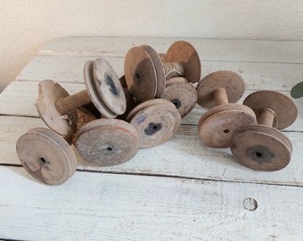 Set of 5 big Antique Handcrafted Wooden Thread Spools for Sewing and Home Decor. wooden spindle spools