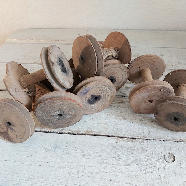 Set of 5 big Antique Handcrafted Wooden Thread Spools for Sewing and Home Decor. wooden spindle spools