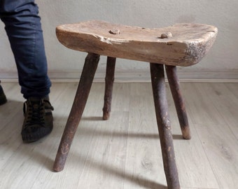 old antique shabby wooden stool, Midcentury home side table, Short vintage weathered wood bench