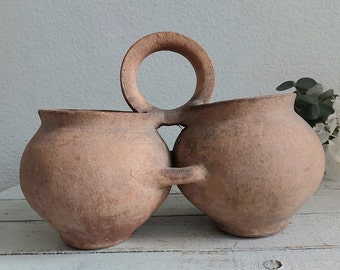 old brown double pot. Rare clay vessel-twins. collectible Wabi sabi or Rustic vase Primitive Farmhouse Pot