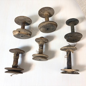 Set of 6 big Antique Handcrafted Wooden Thread Spools  for Sewing and Home Decor. wooden spindle spools