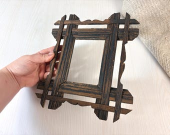 small antique Frame Carved Rustic Folk Art Decor for Family Photos