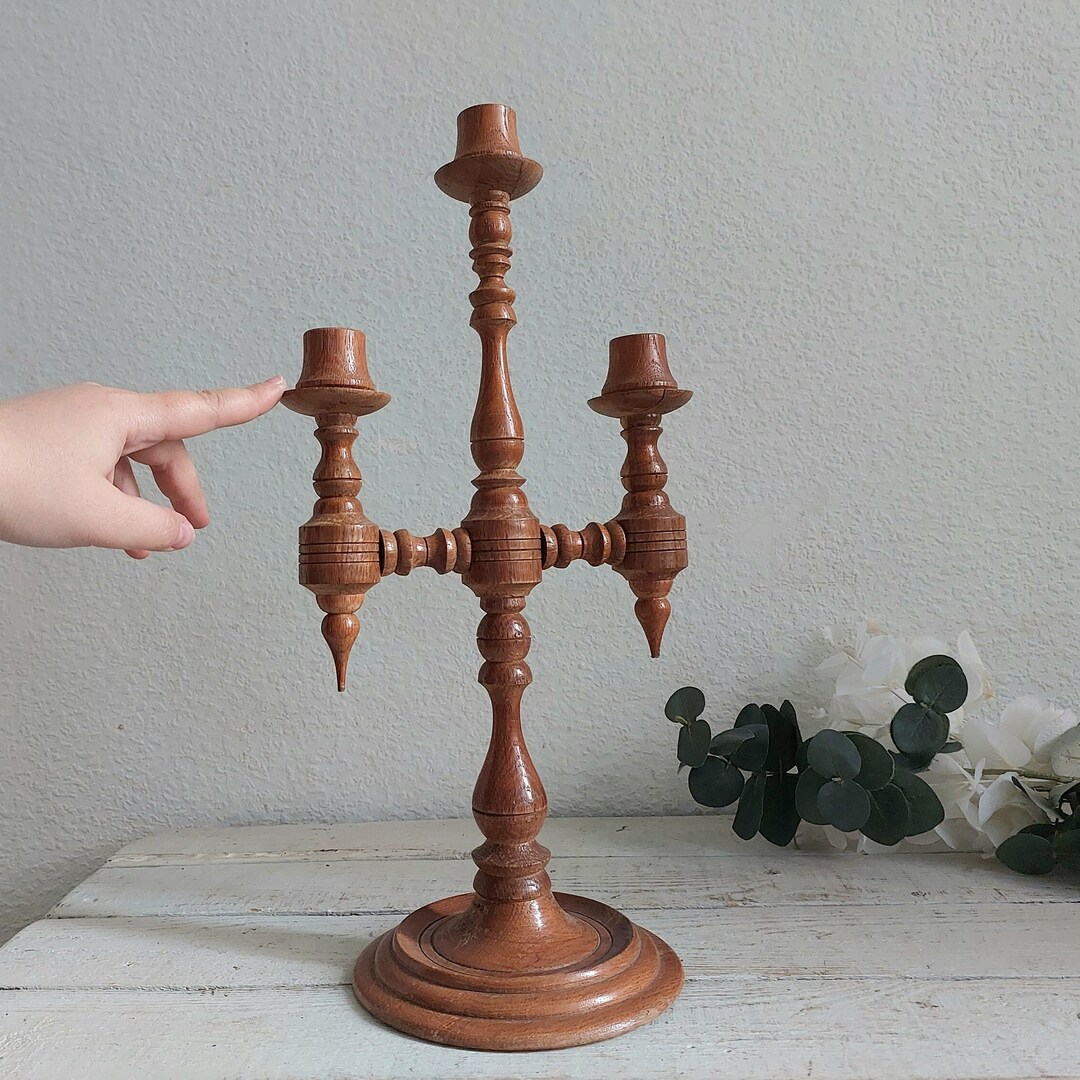 Vintage Big Carved Wooden Candlestick Holder Rustic Charm for Home ...