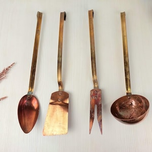 Vintage Brass and Copper Kitchen Utensil Set, Handcrafted Cooking Tools, Rustic Five-Piece Collection, Decorative Culinary Utensils