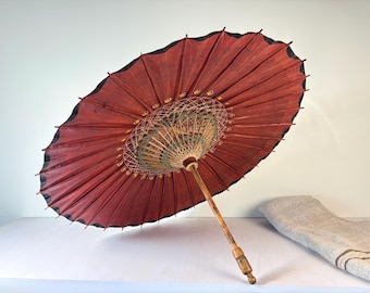 Vintage Chinese paper  Parasol with Painted Pagoda Landscape, Bamboo Frame and Carved Wooden Handle Umbrella