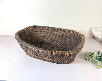 Old big antique oval grass rye basket vintage grain storage Primitive farmhouse home decor