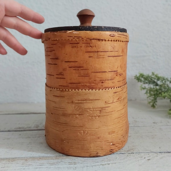 bocal en écorce de bouleau vintage avec couvercle, décoration de cuisine rustique primitive sculptée à la main. cadeau pour une maison rurale. organisateur de cuisine. pot d'herbes aromatiques