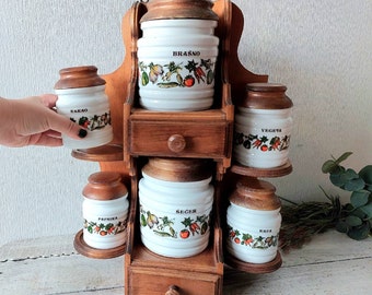Vintage Spice Organizer Shelf - Set of 6 Big Jars for Tea, Coffee, and Spices on Wooden Shelf with 2 Drawers. cozy wall décor for kitchen.