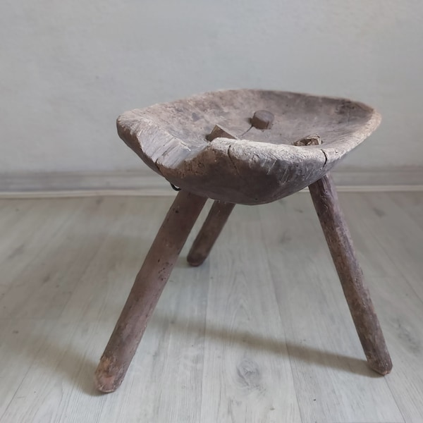 old antique shabby wooden stool, Midcentury home side table, Short vintage weathered wood bench