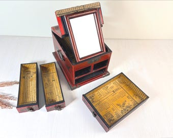 Vintage red Chinoiserie box with bronze details Wooden Tabletop Jewelry organizer