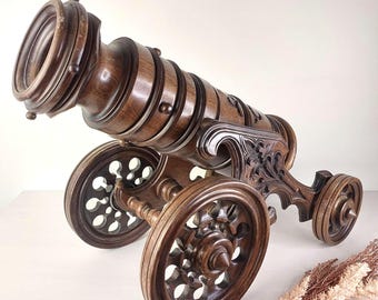 Vintage Wooden Carved Cannon – Unique Wine Bottle Holder & Decorative Piece. Living Bar Room Accent