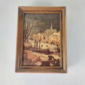 Vintage ścienny wieszak na klucze z oprawionym obrazem krajobrazowym, rustykalna skrzynka na klucze w ramce na zdjęcia, antyczny brązowy organizer na klucze, zabytkowa szafka na klucze