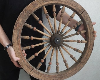 Antique Wooden Carved Wheel from a Spinning Wheel. Primitive farmhouse home decor. Natural materials