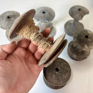 Set of 6 big Antique Handcrafted Wooden Thread Spools  for Sewing and Home Decor. wooden spindle spools